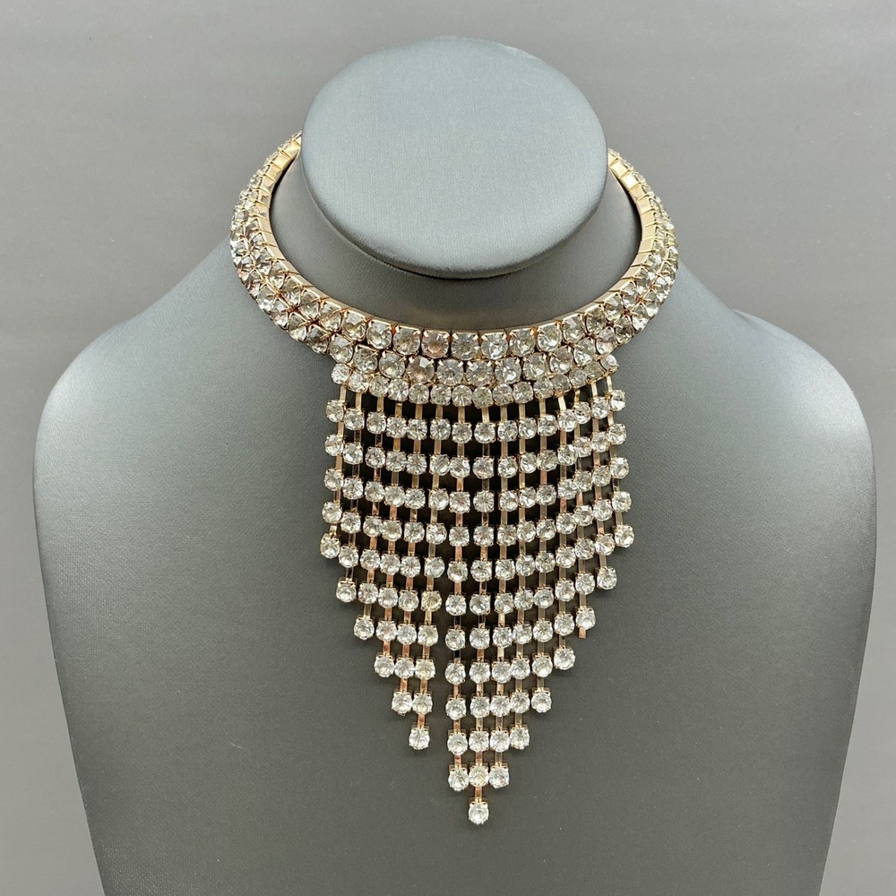 Rhinestone Fringe Bib Necklace Gold Tone Waterfall Tassel Statement Jewelry